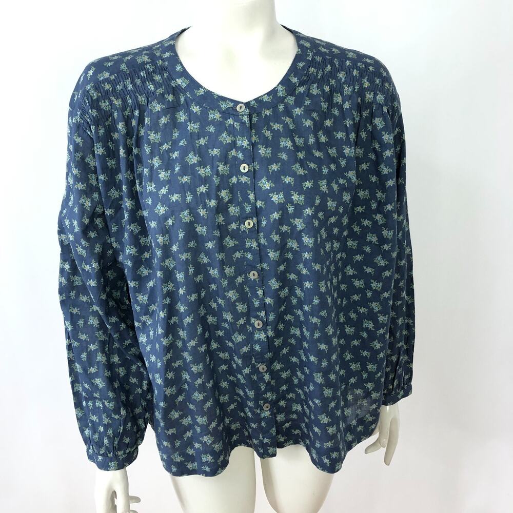 Lucky Brand NEW Small Smock Peasant Button Top Blouse All Over Print Blue